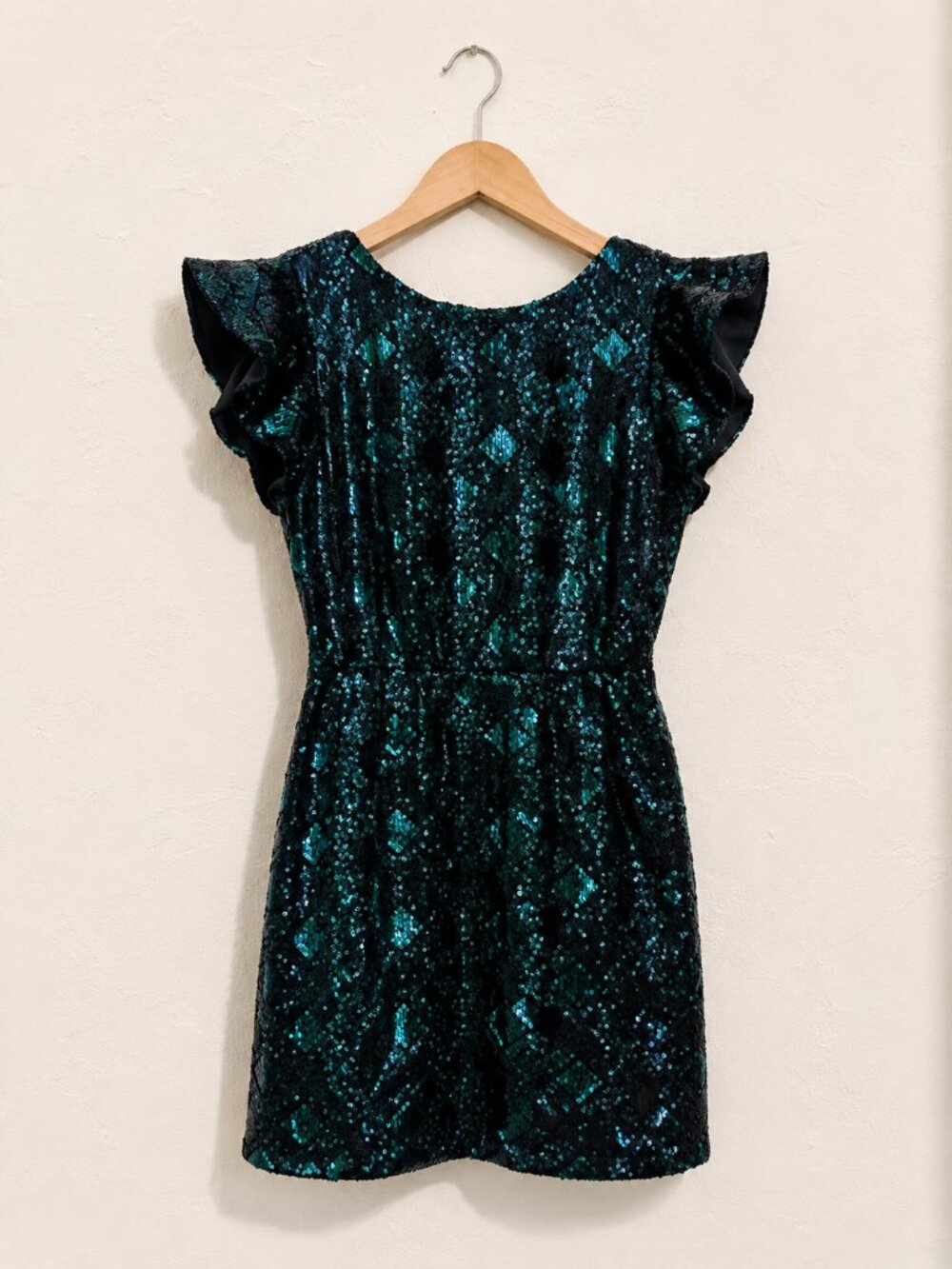 Romantic Emerald Sequin Ruffle Sleeve Mini Dress